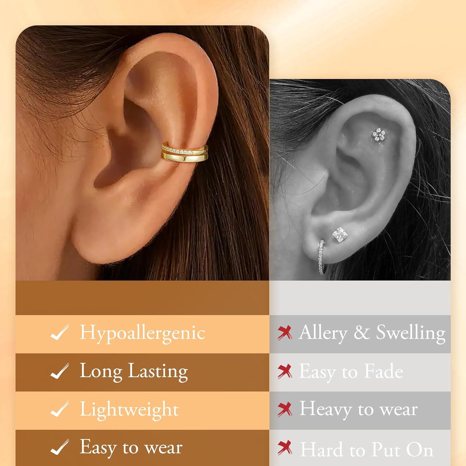 imageTurandoss 14K Gold Plated Earrings for Women Chain Earrings Sets Hypoallergenic Dangle Earrings Stud Earring Stacks for Multiple Piercing JewelryGold Plated Earring Cuff With Chain Sets