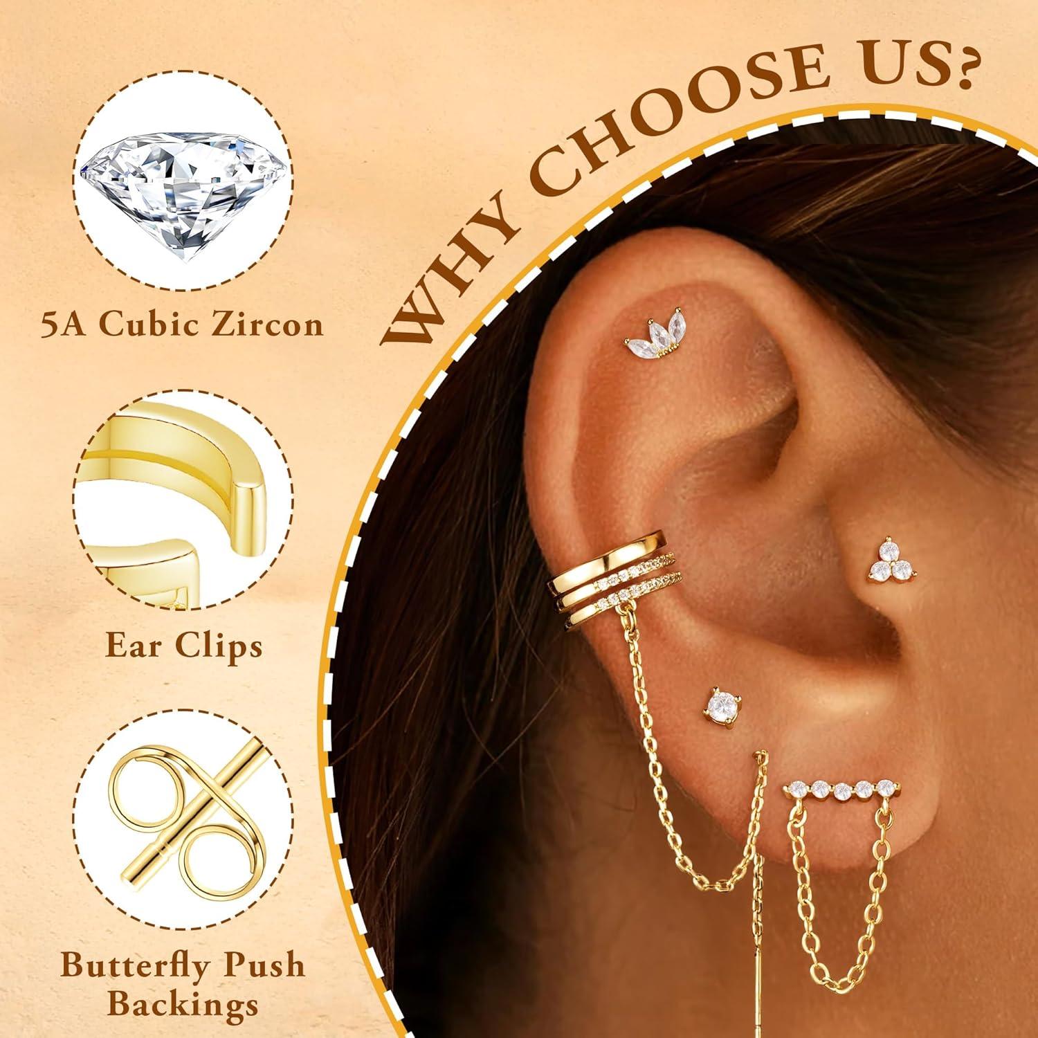 imageTurandoss 14K Gold Plated Earrings for Women Chain Earrings Sets Hypoallergenic Dangle Earrings Stud Earring Stacks for Multiple Piercing JewelryGold Plated Earring Cuff With Chain Sets