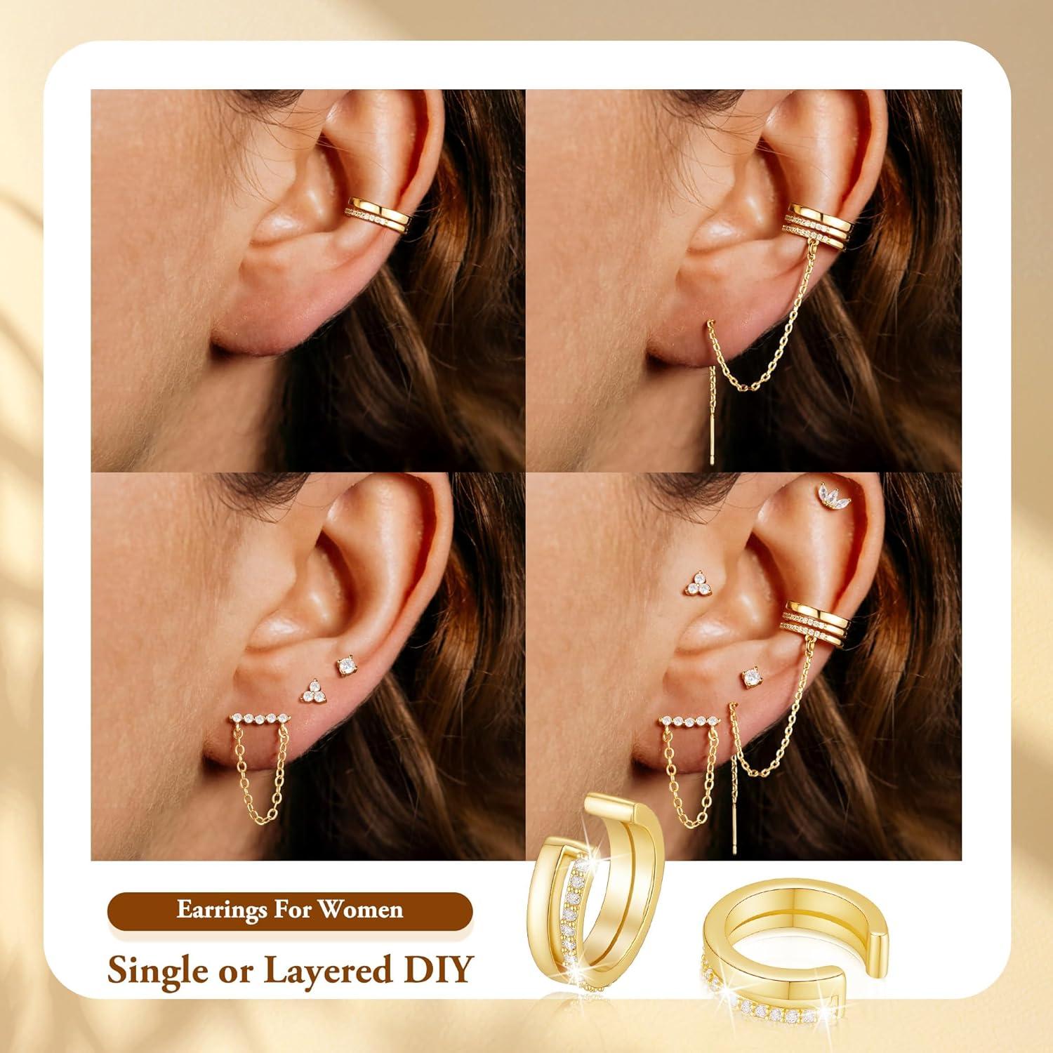 imageTurandoss 14K Gold Plated Earrings for Women Chain Earrings Sets Hypoallergenic Dangle Earrings Stud Earring Stacks for Multiple Piercing JewelryGold Plated Earring Cuff With Chain Sets