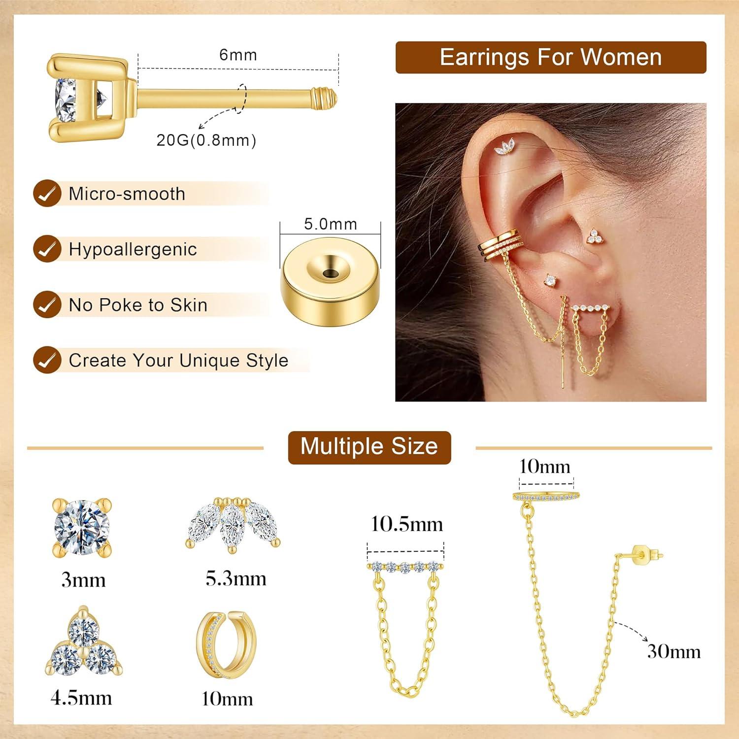 imageTurandoss 14K Gold Plated Earrings for Women Chain Earrings Sets Hypoallergenic Dangle Earrings Stud Earring Stacks for Multiple Piercing JewelryGold Plated Earring Cuff With Chain Sets