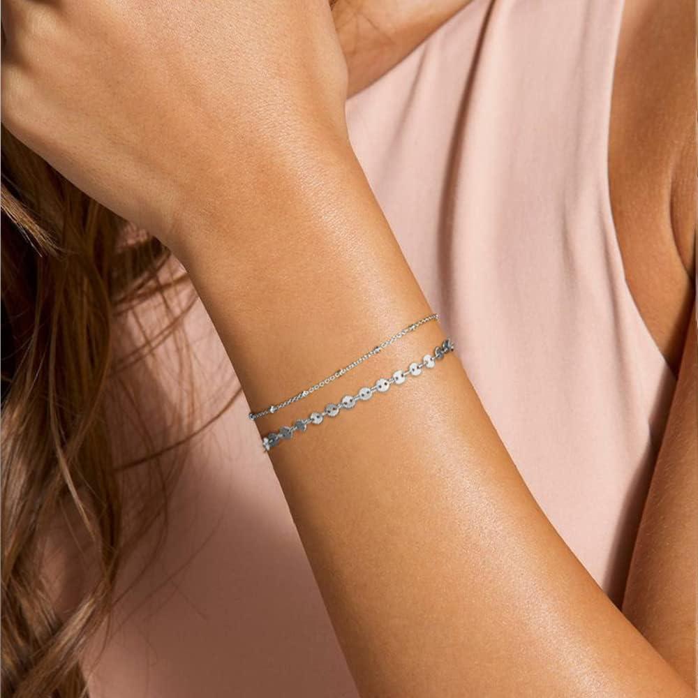 imageDainty Gold Bracelets for Women 14K Gold Plated Adjustable Layered Beads Bracelet Cute Evil Eye Oval Chain Pearl Bar Turtle Gold Bracelets for Women JewelryTurtle