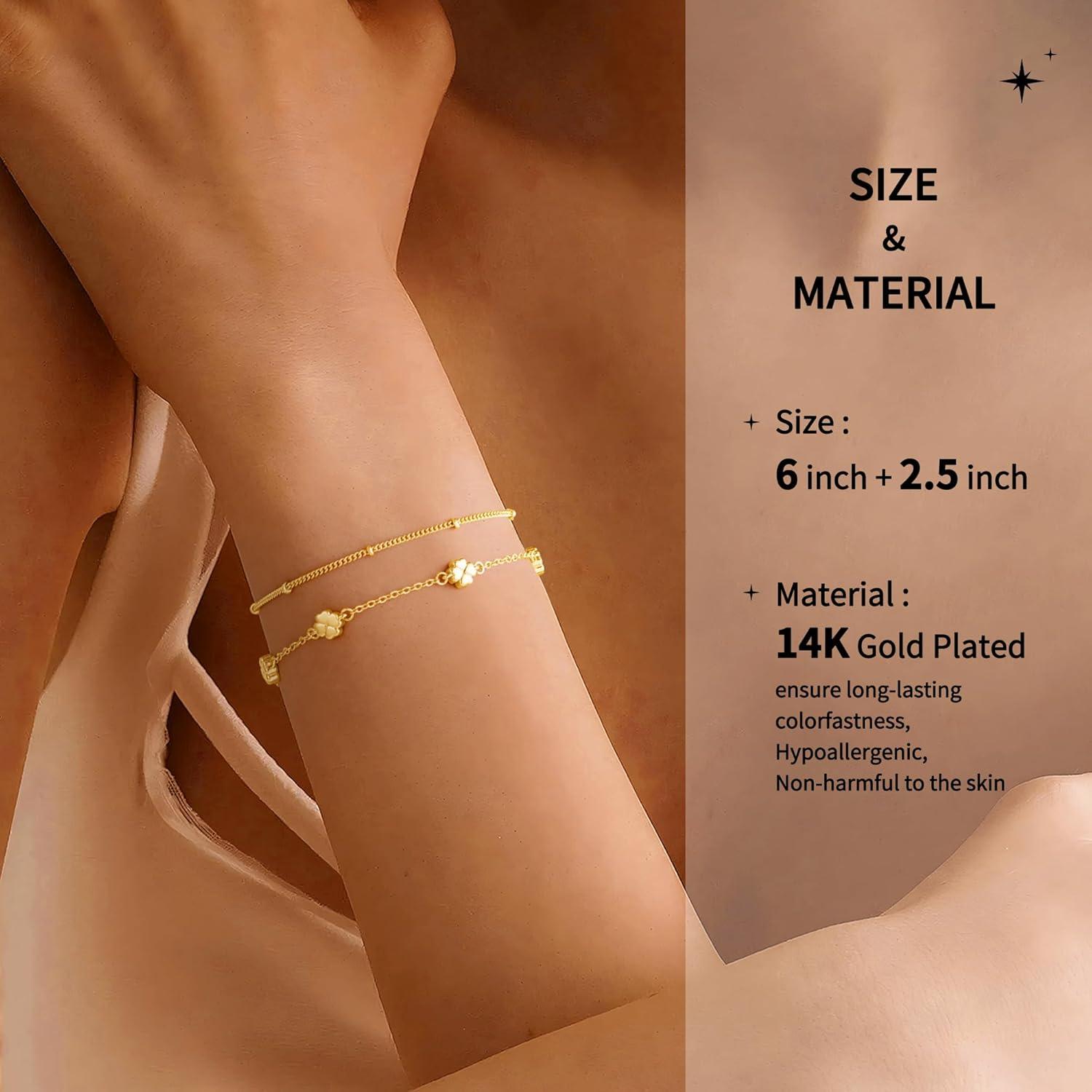 imageTurandoss 14K Gold Plated Bracelets for Women Dainty Clover Heart Cross Butterly Evil Eye Cubic Zirconia Clover Flower Stackable Bracelet Set Cute Birthday Gifts for Women Girls JewelryClover