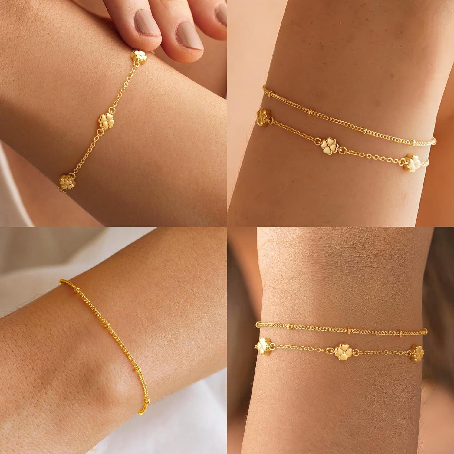 imageTurandoss 14K Gold Plated Bracelets for Women Dainty Clover Heart Cross Butterly Evil Eye Cubic Zirconia Clover Flower Stackable Bracelet Set Cute Birthday Gifts for Women Girls JewelryClover