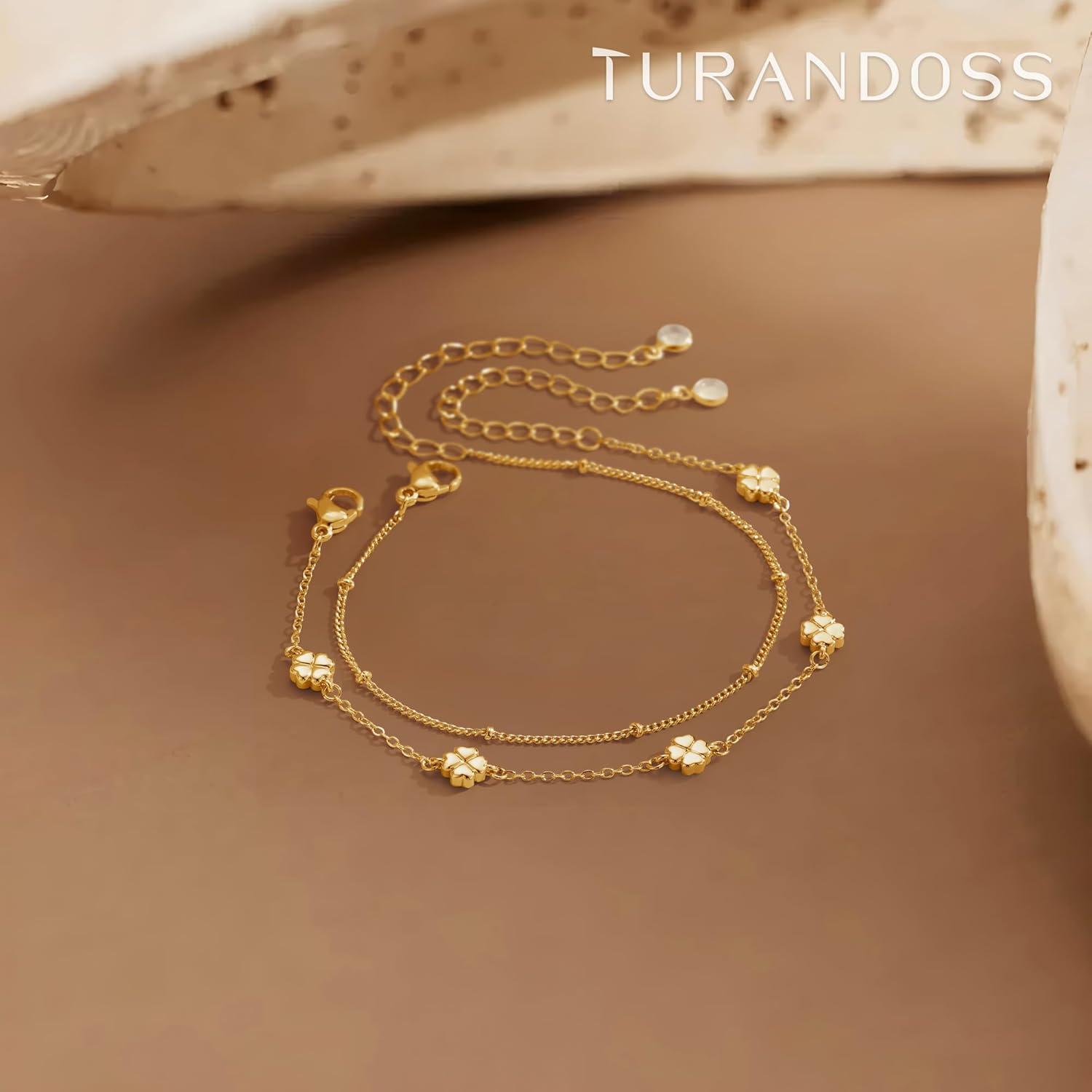 imageTurandoss 14K Gold Plated Bracelets for Women Dainty Clover Heart Cross Butterly Evil Eye Cubic Zirconia Clover Flower Stackable Bracelet Set Cute Birthday Gifts for Women Girls JewelryClover