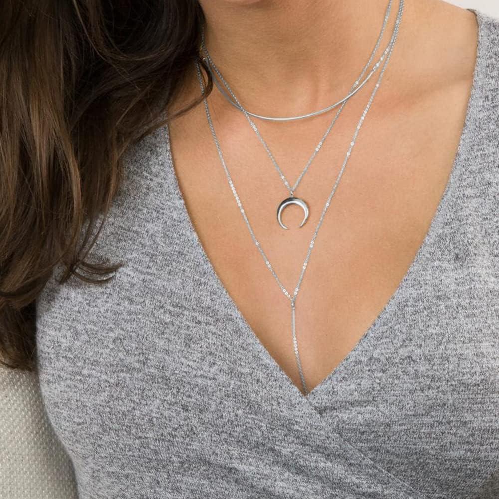 imageTurandoss Gold Layered Necklaces for Women 14K Gold Plated Handmade Multilayer Bar Pearls Coin Disc Moon Butterfly Medallion Adjustable Dainty Layered Choker Necklaces for Women Jewelry3PCS Silver ChainCrescentBar