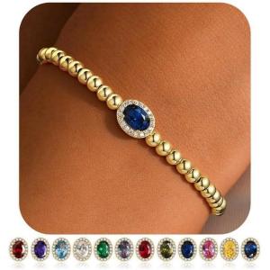 TURANDOSS Birthstone Beaded Bracelets for Women – 14K Gold Plated Oval Charm 12 Months Created Birthstone Beaded Bracelet Stretch Jewelry for Women Girlfriend(09-Sep-Lab Sapphire)