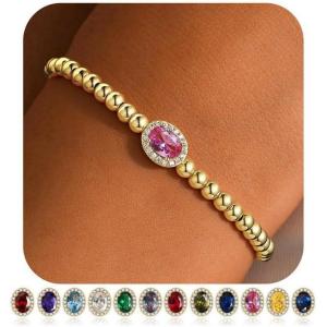 TURANDOSS Birthstone Beaded Bracelets for Women – 14K Gold Plated Oval Charm 12 Months Created Birthstone Beaded Bracelet Stretch Jewelry for Women Girlfriend(10-Oct-Lab Pink Tourmaline)