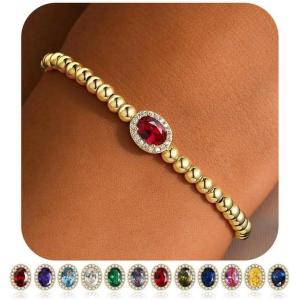 TURANDOSS Birthstone Beaded Bracelets for Women – 14K Gold Plated Oval Charm 12 Months Created Birthstone Beaded Bracelet Stretch Jewelry for Women Girlfriend(07-Jul-Lab Ruby)