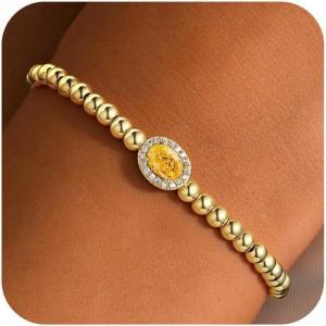TURANDOSS Birthstone Beaded Bracelets for Women – 14K Gold Plated Oval Charm 12 Months Created Birthstone Beaded Bracelet Stretch Jewelry for Women Girlfriend(11-Nov-Lab Citrine)