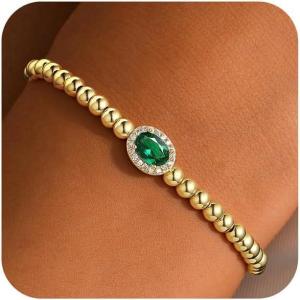 TURANDOSS Birthstone Beaded Bracelets for Women – 14K Gold Plated Oval Charm 12 Months Created Birthstone Beaded Bracelet Stretch Jewelry for Women Girlfriend(05-May-Lab Emerald)