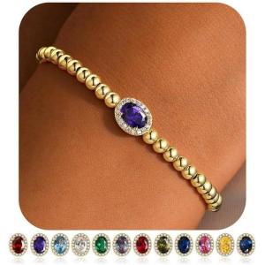 TURANDOSS Birthstone Beaded Bracelets for Women – 14K Gold Plated Oval Charm 12 Months Created Birthstone Beaded Bracelet Stretch Jewelry for Women Girlfriend(02-Feb-Lab Amethyst)