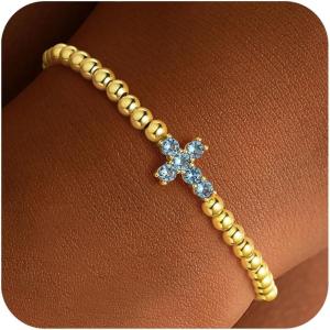 TURANDOSS Cross Birthstone Beaded Bracelets for Women – 14K Gold Plated Cross Charm 12 Months Created Birthstone Beaded Bracelet Elastic Jewelry for Women Girlfriend(03-Mar-Lab Aquamarine)