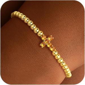 TURANDOSS Cross Birthstone Beaded Bracelets for Women – 14K Gold Plated Cross Charm 12 Months Created Birthstone Beaded Bracelet Elastic Jewelry for Women Girlfriend(11-Nov-Lab Citrine)