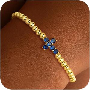TURANDOSS Cross Birthstone Beaded Bracelets for Women – 14K Gold Plated Cross Charm 12 Months Created Birthstone Beaded Bracelet Elastic Jewelry for Women Girlfriend(12-Dec-Lab Tanzanite)