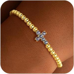 TURANDOSS Cross Birthstone Beaded Bracelets for Women – 14K Gold Plated Cross Charm 12 Months Created Birthstone Beaded Bracelet Elastic Jewelry for Women Girlfriend(06-Jun-Lab Alexandrite)