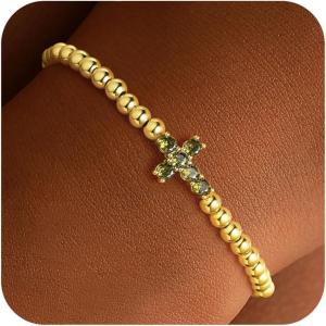 TURANDOSS Cross Birthstone Beaded Bracelets for Women – 14K Gold Plated Cross Charm 12 Months Created Birthstone Beaded Bracelet Elastic Jewelry for Women Girlfriend(08-Aug-Lab Peridot)