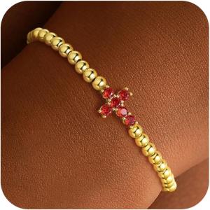 TURANDOSS Cross Birthstone Beaded Bracelets for Women – 14K Gold Plated Cross Charm 12 Months Created Birthstone Beaded Bracelet Elastic Jewelry for Women Girlfriend(01-Jan-Lab Garnet)