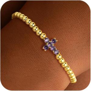 TURANDOSS Cross Birthstone Beaded Bracelets for Women – 14K Gold Plated Cross Charm 12 Months Created Birthstone Beaded Bracelet Elastic Jewelry for Women Girlfriend(02-Feb-Lab Amethyst)