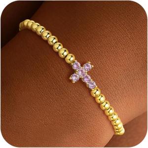 TURANDOSS Cross Birthstone Beaded Bracelets for Women – 14K Gold Plated Cross Charm 12 Months Created Birthstone Beaded Bracelet Elastic Jewelry for Women Girlfriend(10-Oct-Lab Pink Tourmaline)
