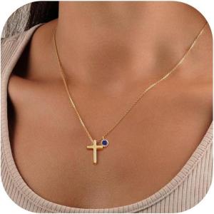 TURANDOSS Cross Birthstone Gold Necklace for Women Teen Girls – 14K Gold Plated Dainty Cross Pendant Created Birthstone Necklaces for Women Her Jewelry Gifts for Christian Faith(12-Dec-Lab Tanzanite)