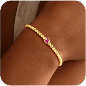 Turandoss Birthstone Bracelets for Women – Dainty Elastic 14K Gold Plated Beaded Square Birthstone Bracelets Trendy Waterproof Friendship Birthday Jewelry Gifts for Women Girls(10.October(Tourmaline))