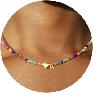 Turandoss Colorful Beaded Initial Necklaces for Women Girls, 14K-Gold-Plated Heart Letter A-Z Pendant Dainty Summer Jewelry Personalized Birthday Gifts for Teen Girls