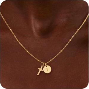 Turandoss Cross Initial Necklaces for Women Teen Girls, Dainty 14K Gold Plated Disc Initial A-Z Cross Pendant Necklace Trendy Faith Jewelry Birthday Valentines Easter Gifts for Women Girls(I)
