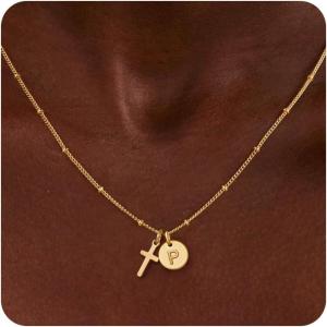Turandoss Cross Initial Necklaces for Women Teen Girls, Dainty 14K Gold Plated Disc Initial A-Z Cross Pendant Necklace Trendy Faith Jewelry Birthday Valentines Easter Gifts for Women Girls(P)