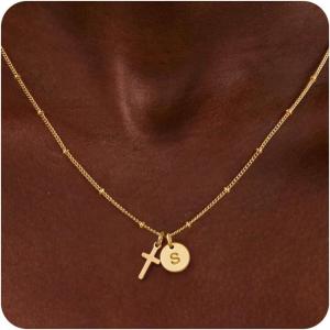 Turandoss Cross Initial Necklaces for Women Teen Girls, Dainty 14K Gold Plated Disc Initial A-Z Cross Pendant Necklace Trendy Faith Jewelry Birthday Valentines Easter Gifts for Women Girls(S)