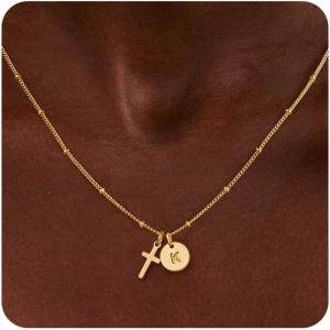Turandoss Cross Initial Necklaces for Women Teen Girls, Dainty 14K Gold Plated Disc Initial A-Z Cross Pendant Necklace Trendy Faith Jewelry Birthday Valentines Easter Gifts for Women Girls(K)