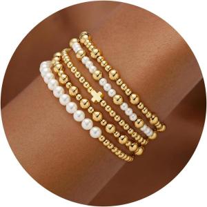 Turandoss Gold Beaded Bracelets for Women Girls Gifts – Dainty 14K Gold Plated Turquoise Cross Bead Bracelet Pearl Bracelets Set for Women Heishi Clay Beaded Bracelet Birthday Jewelry Gifts for Girls(5PCS Gold Cross and Simulated Pearl Beaded Bracelets)