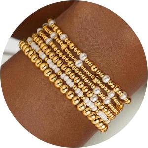 Turandoss Gold Beaded Bracelets for Women Girls Gifts – Dainty 14K Gold Plated Turquoise Cross Bead Bracelet Pearl Bracelets Set for Women Heishi Clay Beaded Bracelet Birthday Jewelry Gifts for Girls(6PCS White Seed Beaded Bracelets)