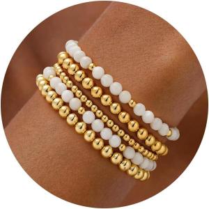 Turandoss Gold Beaded Bracelets for Women Girls Gifts – Dainty 14K Gold Plated Turquoise Cross Bead Bracelet Pearl Bracelets Set for Women Heishi Clay Beaded Bracelet Birthday Jewelry Gifts for Girls(5PCS White Porcelain Beaded Bracelets)