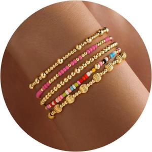 Turandoss Gold Beaded Bracelets for Women Girls Gifts – Dainty 14K Gold Plated Turquoise Cross Bead Bracelet Pearl Bracelets Set for Women Heishi Clay Beaded Bracelet Birthday Jewelry Gifts for Girls(5PCS Boho Seed Beaded Bracelets)