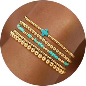 Turandoss Gold Beaded Bracelets for Women Girls Gifts – Dainty 14K Gold Plated Turquoise Cross Bead Bracelet Pearl Bracelets Set for Women Heishi Clay Beaded Bracelet Birthday Jewelry Gifts for Girls(5PCS Turquoise Cross Beaded Bracelets)