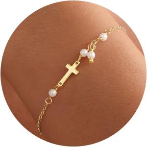 Turandoss Gold Cross Bracelets for Women – 14K Gold Plated Satellite Bead CZ Pearl Holy Mary Medal Cross Bracelet Dainty Bracelets for Women Faith Jewelry Christian Baptism Religious Gifts(gold pearl cross bracelet)