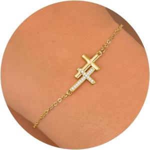 Turandoss Gold Cross Bracelets for Women – 14K Gold Plated Satellite Bead CZ Pearl Holy Mary Medal Cross Bracelet Dainty Bracelets for Women Faith Jewelry Christian Baptism Religious Gifts(gold double cross bracelet)