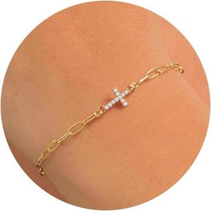 Turandoss Gold Cross Bracelets for Women – 14K Gold Plated Satellite Bead CZ Pearl Holy Mary Medal Cross Bracelet Dainty Bracelets for Women Faith Jewelry Christian Baptism Religious Gifts(gold paperclip cz cross bracelet)