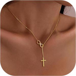 Turandoss Gold Cross Necklace for Women – Dainty 14K Gold Plated Cross Necklace Layered Beaded Infinity CZ Holy Mary Medal Pendant Necklaces for Women Trendy Faith Jewelry First Communion Gifts(infinity cross necklace)