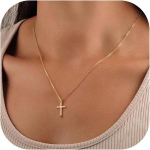 Turandoss Gold Cross Necklace for Women – Dainty 14K Gold Plated Cross Necklace Layered Beaded Infinity CZ Holy Mary Medal Pendant Necklaces for Women Trendy Faith Jewelry First Communion Gifts(14k gold cross necklace)
