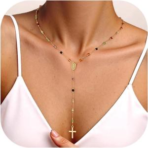Turandoss Gold Cross Necklace for Women – Dainty 14K Gold Plated Cross Necklace Layered Beaded Infinity CZ Holy Mary Medal Pendant Necklaces for Women Trendy Faith Jewelry First Communion Gifts(Holy Mary medal cross necklace)