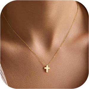 Turandoss Gold Cross Necklace for Women – Dainty 14K Gold Plated Cross Necklace Layered Beaded Infinity CZ Holy Mary Medal Pendant Necklaces for Women Trendy Faith Jewelry First Communion Gifts(tiny cross necklace)