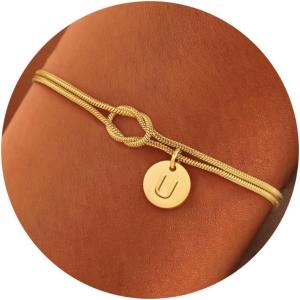 Turandoss Gold Initial Bracelets for Women Girls Jewelry Gifts – 14K Gold Plated Love Knot Letter A-Z Initial Bracelet Dainty Letter Bracelet Jewelry Birthday Wedding Gifts for Teens Girls Bridesmaids(U)