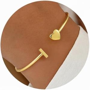 Turandoss Gold Initial Heart Bracelets for Women – Dainty 14K-Gold-Plated Letter A-Z Initial Heart Cuff Bangle Bracelets, Christmas Birthday Gifts for Women Teen Girls Girlfriend Jewelry(I)
