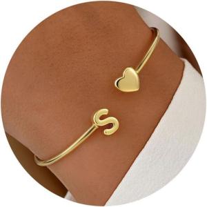 Turandoss Gold Initial Heart Bracelets for Women – Dainty 14K-Gold-Plated Letter A-Z Initial Heart Cuff Bangle Bracelets, Christmas Birthday Gifts for Women Teen Girls Girlfriend Jewelry(S)