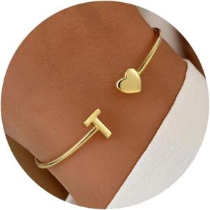 Turandoss Gold Initial Heart Bracelets for Women – Dainty 14K-Gold-Plated Letter A-Z Initial Heart Cuff Bangle Bracelets, Christmas Birthday Gifts for Women Teen Girls Girlfriend Jewelry(T)