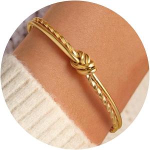 Turandoss Gold Knot Bangle Bracelets for Women – Dainty 18K Gold Plated Cuff Bangle Bracelets for Women Trendy Personalized Open Love Knot Bracelet Adjustable Cuff Bracelet Birthday Jewelry Gifts(Knot Twist Bangle Bracelet)