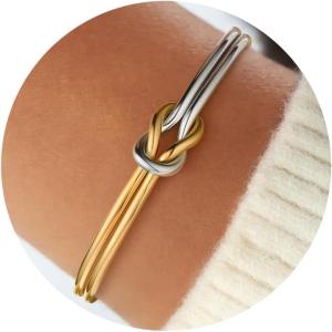 Turandoss Gold Knot Bangle Bracelets for Women – Dainty 18K Gold Plated Cuff Bangle Bracelets for Women Trendy Personalized Open Love Knot Bracelet Adjustable Cuff Bracelet Birthday Jewelry Gifts(Knot Two Tone Bangle Bracelet)