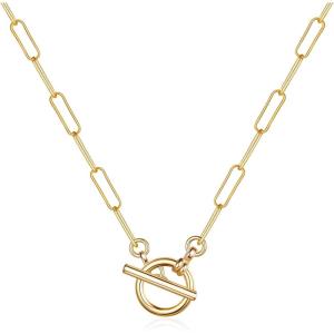 Turandoss Gold Paperclip Chain Necklace for Women, 14K Gold Plated Dainty Paperclip Link Chain Necklace Medallion Evil Eye Star Lightning Heart Butterfly Oval Link Paperclip Chain Necklaces for Women(“Toggle Clasp)