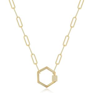 Turandoss Gold Paperclip Chain Necklace for Women, 14K Gold Plated Dainty Paperclip Link Chain Necklace Medallion Evil Eye Star Lightning Heart Butterfly Oval Link Paperclip Chain Necklaces for Women(Hexagon)